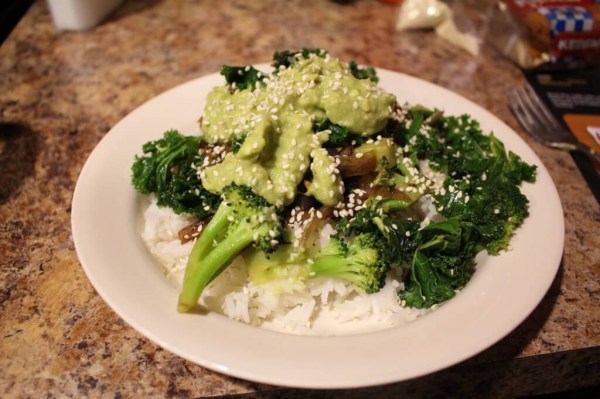 Broccoli and Kale Stir Fry with Rice and Ginger-Avocado Sauce - Dinner