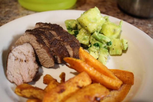 Spice Rubbed Pork with Sweet Potato Fries and Pineapple-Avocado Salsa Meal