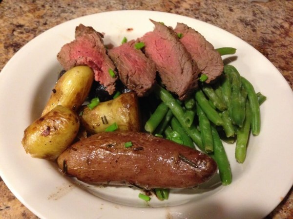 Seared Steak with Dijon Tomato Salad and Marble Potatoes