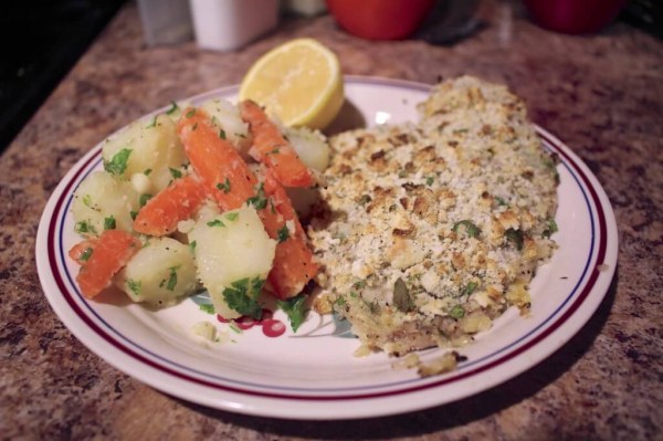 Parmesan Crusted Tilapia with Parsley Potatoes and Carrots Meal