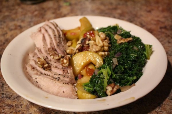 Roasted Pork Chops with Sauteed Apples and Kale