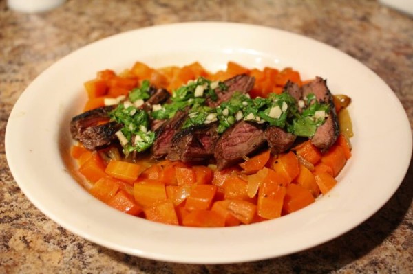 Skirt Steak with Cilantro Chimichurri and Carrot-Citrus Hash