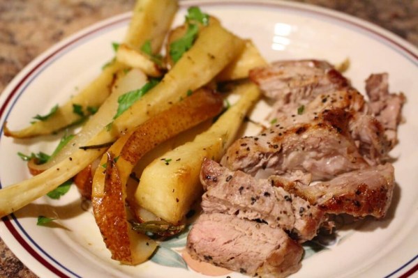 Roasted Pork Chops with Caramelized Parsnips & Pears