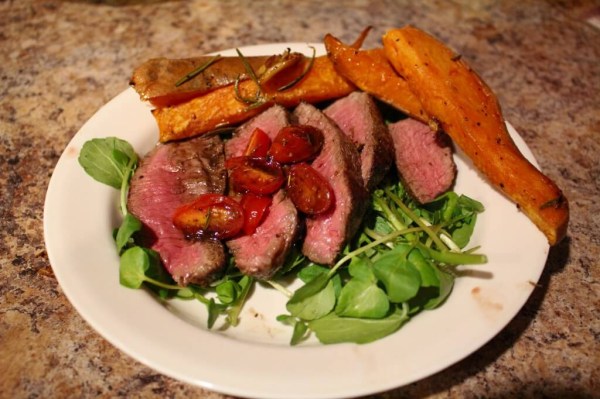 Steak Tagliata with Garlic-Rosemary Sweet Potato Wedges