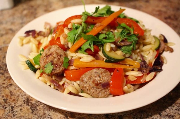 Sweet Italian Sausage with Warm Orzo Salad - Dinner