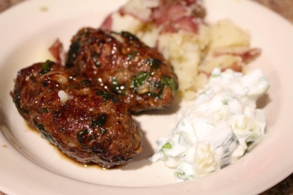 Pomegranate Lamb Kebabs with Raita and Smashed Potatoes