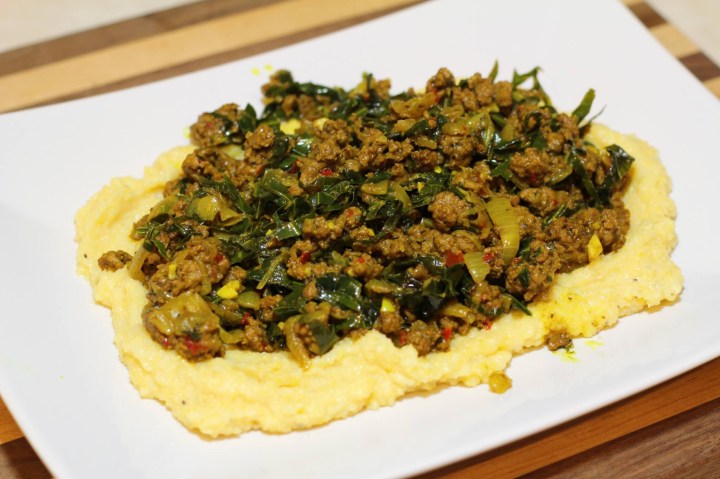 Curried Jamaican Beef & Collard Greens with Spicy Red Chili & Creamy Polenta