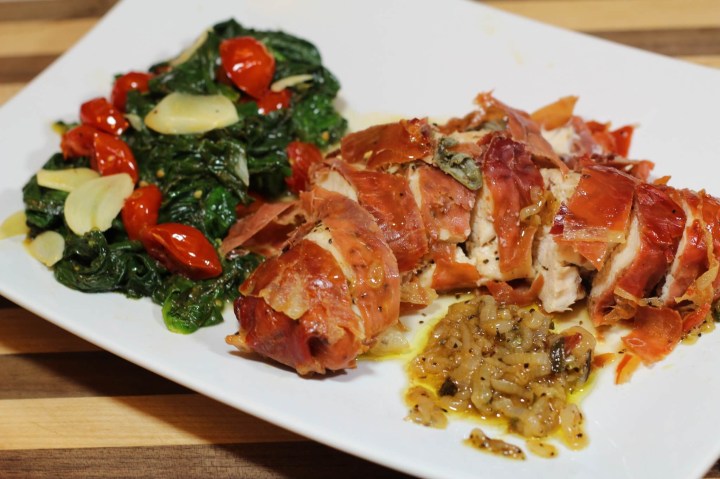 Prosciutto-Wrapped Chicken Saltimbocca with Garlic-Sage Spinach & Burst Tomatoes