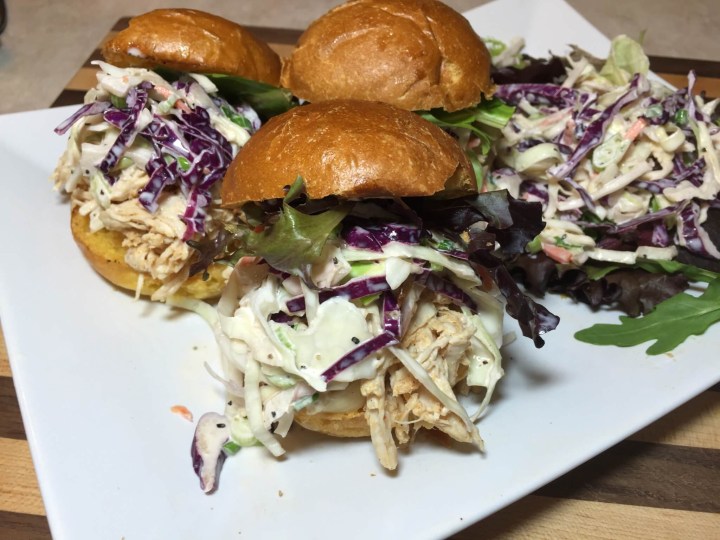 Eastern Carolina Pulled Chicken Sliders on Brioche with Tangy Cabbage Slaw