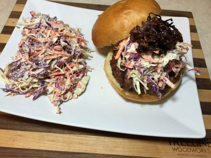 Hickory Burgers with Coleslaw and Crispy Onions