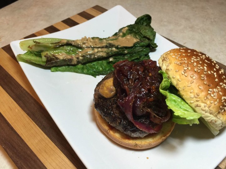 Juicy Lucy Burger with Tomato-Red Onion Jam and Charred Romaine
