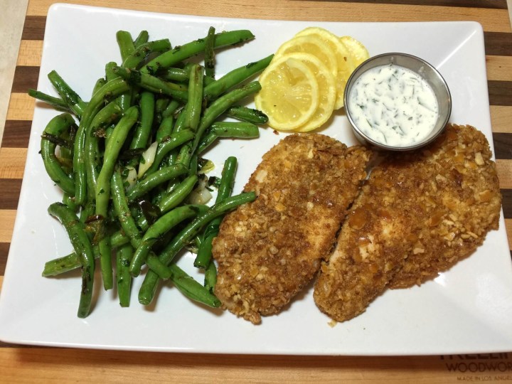 Pretzel-Crusted Fish with Creamy Horseradish and Garlic and Lemon Green Beans