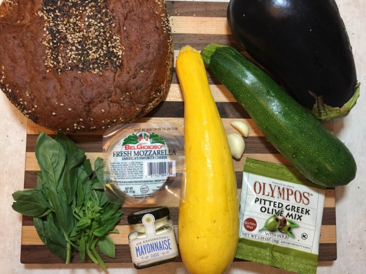 Roasted Summer Vegetable Muffuletta with Garlic-Olive Aioli and Fresh Mozzarella ingredients