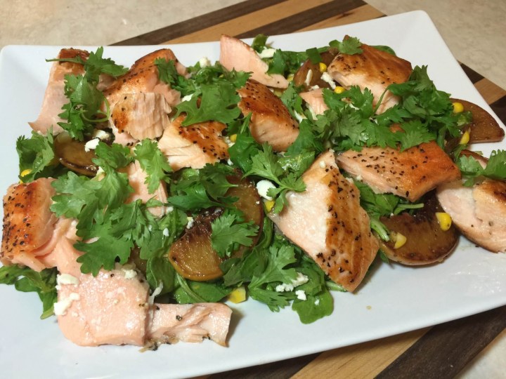 Blistered Corn and Salmon Salad with Charred Peaches and Cumin-Coriander Vinaigrette