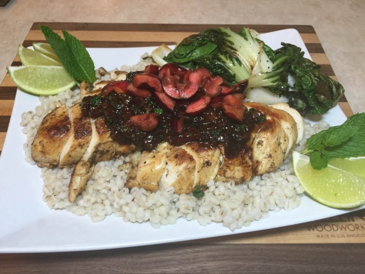Cherry-Lime Rickey Chicken with Juniper, Barley, and Bok Choy