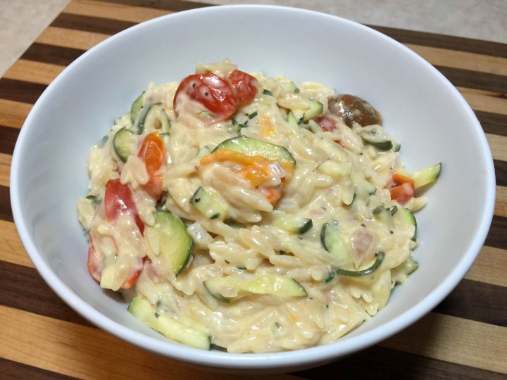 Creamy Zucchini Orzo with Goat Cheese and Heirloom Tomatoes