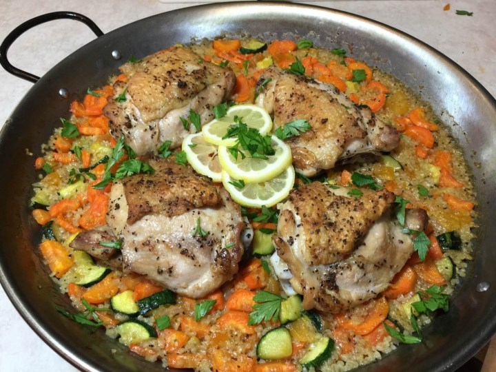 Crispy Skillet Chicken with Bulgur Paella, Carrots, and Apricots