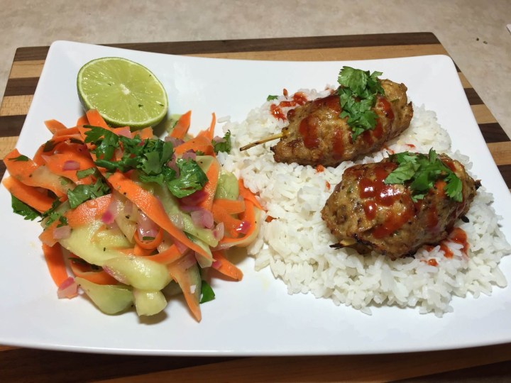 Lemongrass Chicken Skewers with Coconut Rice and Cucumber Slaw