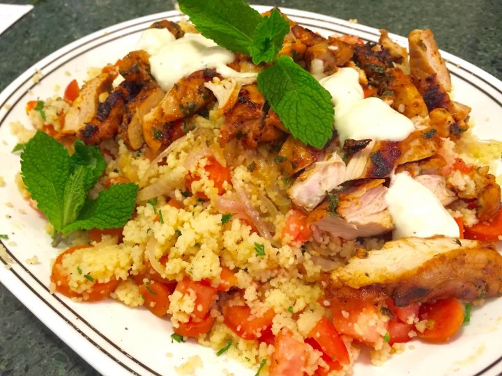 Moroccan Spiced Chicken with Roasted Carrot Couscous and Yogurt Dressing