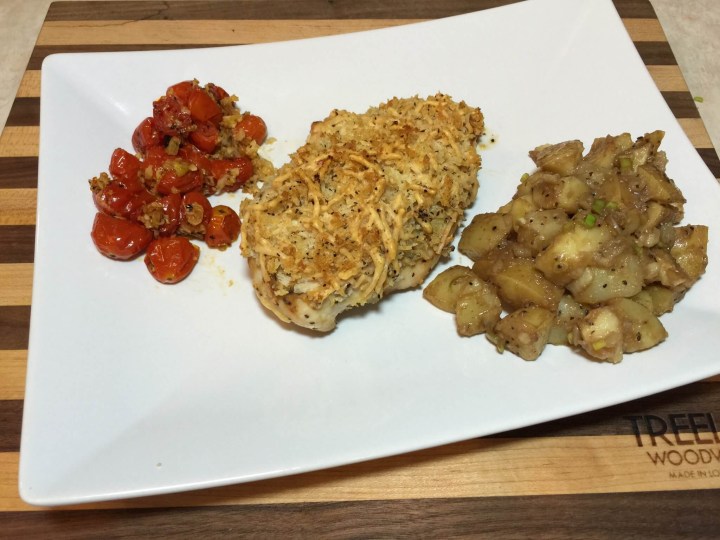 Parmesan Crusted Chicken with Balsamic Potato Salad and Garlic-Roasted Tomatoes