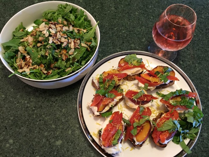 Peach and Tomato Tartines with Almond and Arugula Salad