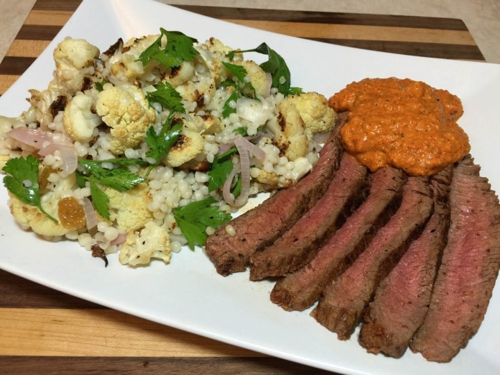Blackened Steak and Roasted Cauliflower Salad with Israeli Couscous, Pickled Shallots, and Roasted Red Pepper
