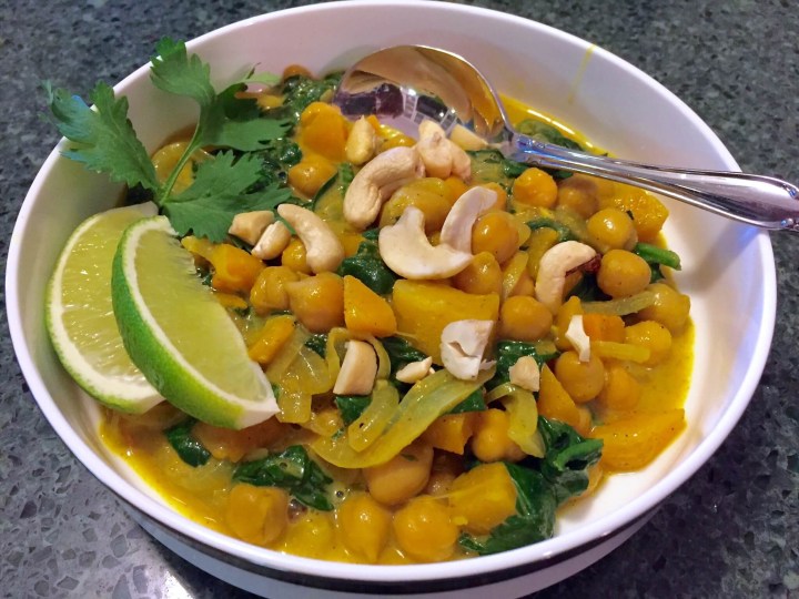 Butternut Squash Curry with Chickpeas, Spinach, and Cashews