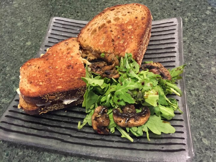 Fig & Brie Grilled Cheese with Crispy Mushroom and Arugula Salad