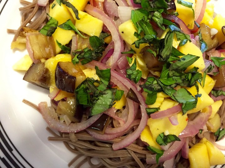 chilled Soba Noodles with Eggplant, Mango, and Thai Basil close
