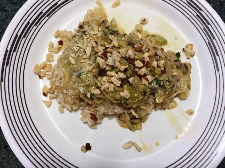 Brussels Sprout Crumble with Mushrooms, Parmesan Breadcrumbs, and Hazelnuts