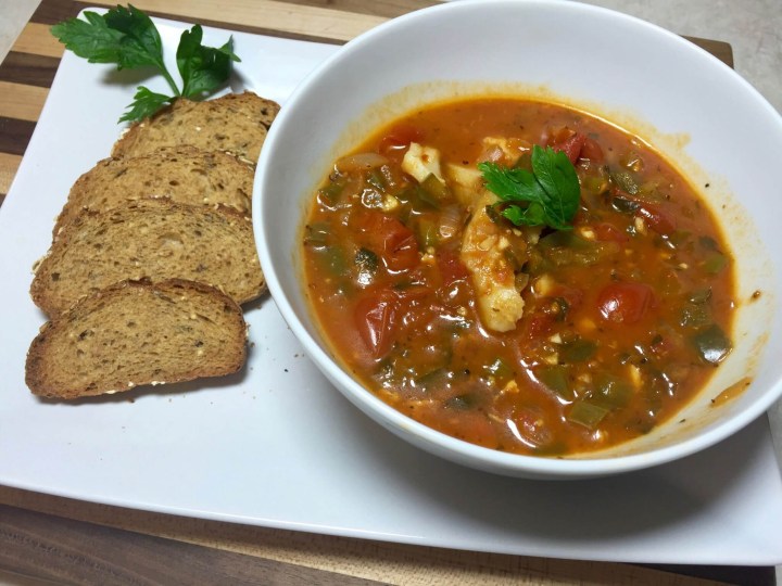 Cod Cioppino in Tomato Stew with Toasted Baguette