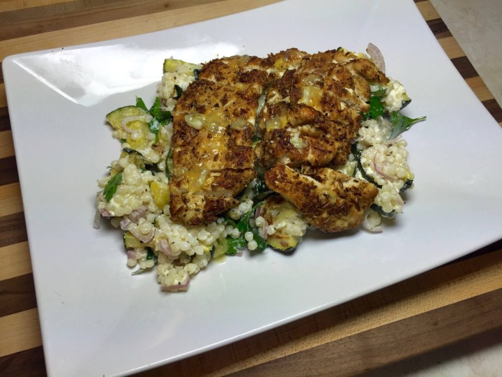 Coriander & Cumin-Crusted Chicken with Israeli Couscous Salad, Roasted Zucchini, and Caramelized Lemon