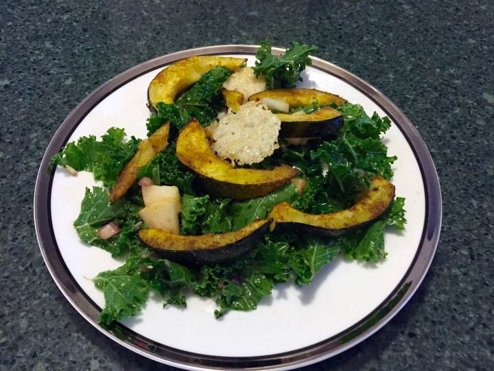 Curry-Roasted Acorn Squash & Kale Salad with Parmesan Frico, Apple, and Honey-Balsamic Vinaigrette