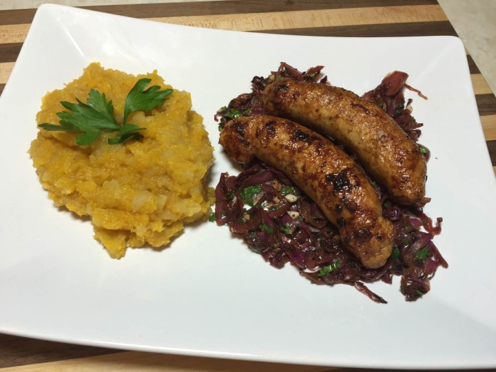 Pan-Seared Chicken Sausage with Tangy Cabbage and Butternut Squash-Apple Puree