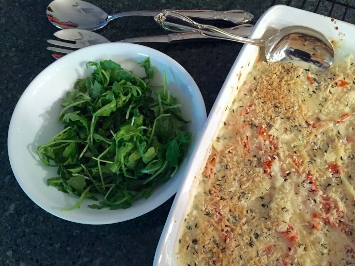 Parsnip and Carrot Gratin with Gruyere Mornay and Greens