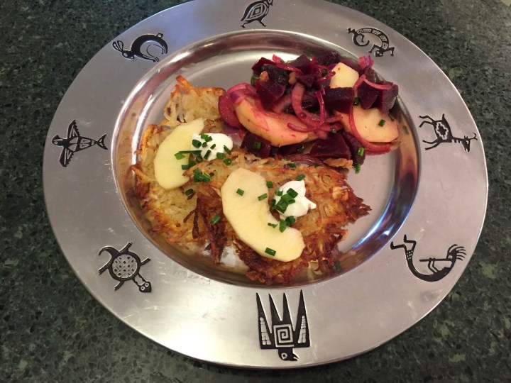 Potato Latkes & Marinated Beet Salad with Sour Cream, Apples, and Chives