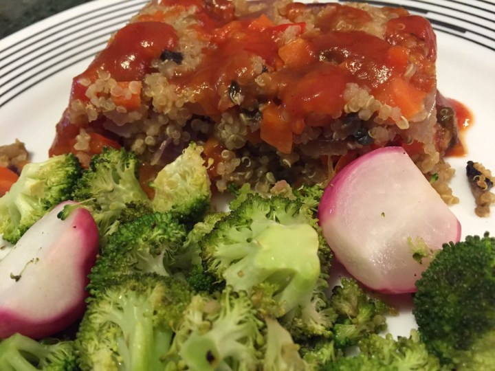 Quinoa Veggie Loaf with Roasted Radishes and Crispy Broccoli close up