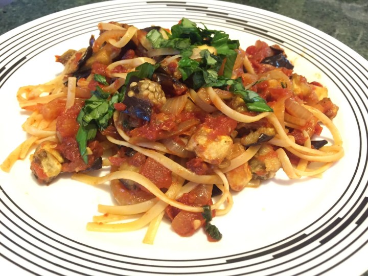 Roasted Eggplant Linguine with Sundried Tomatoes, Basil, and Chilies.