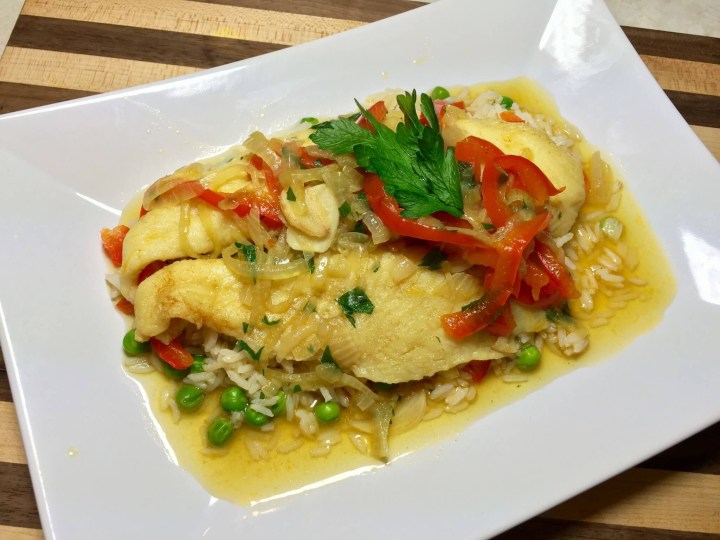 Saffron-Poached Basa with Basmati Rice, Caramelized Onion, and Sweet Bell Pepper