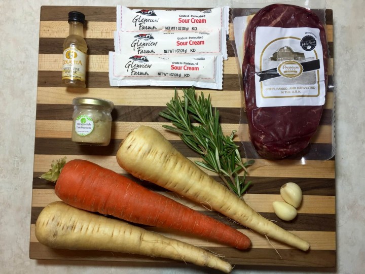 Seared Steak & Creamy Horseradish Sauce with Rosemary-Roasted Root Vegetables hello fresh