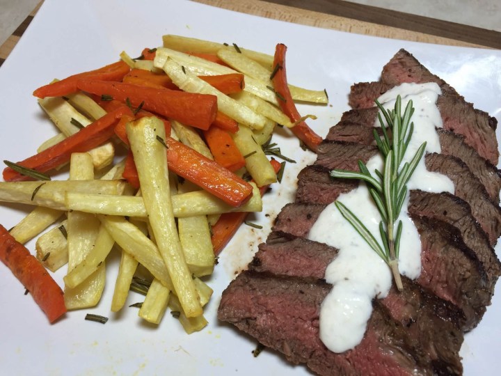 Seared Steak & Creamy Horseradish Sauce with Rosemary-Roasted Root Vegetables