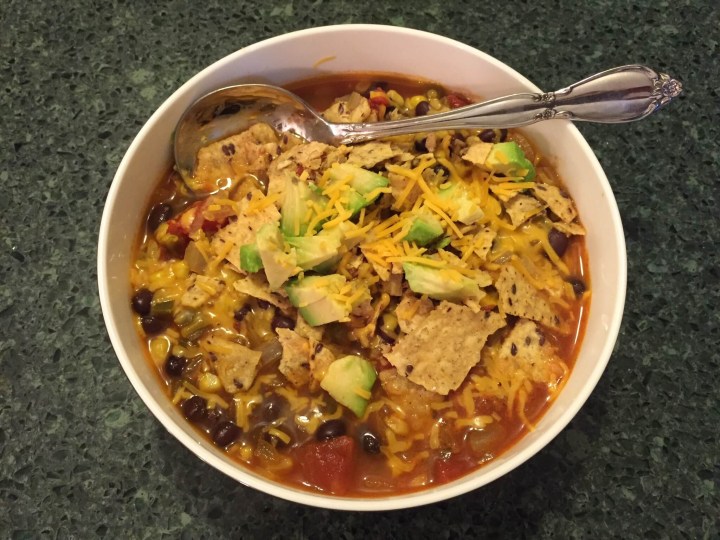 Alexis’ Tortilla Soup with Sweet Corn, Avocado, and Cheddar.