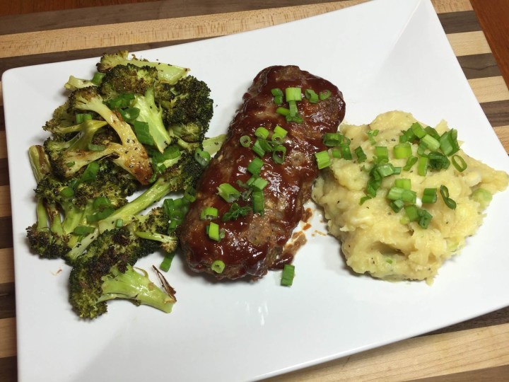 Asian Meatloaf with Miso Mashed Potatoes and Roasted Broccoli.
