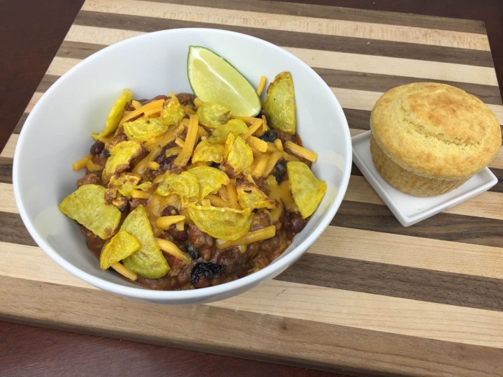 Beef Chili with Cheddar and Beet Chips