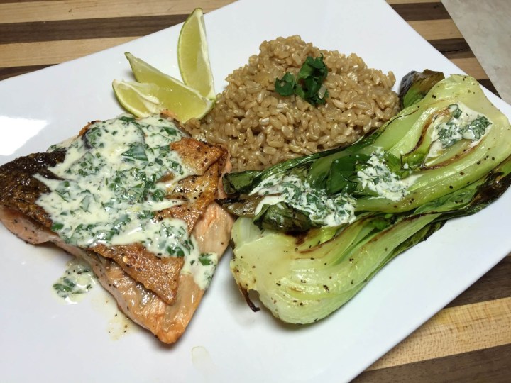 Crispy Pan-Seared Salmon with Baby Bok Choy, Cilantro-Wasabi Dressing, and Soy-Infused Brown Rice