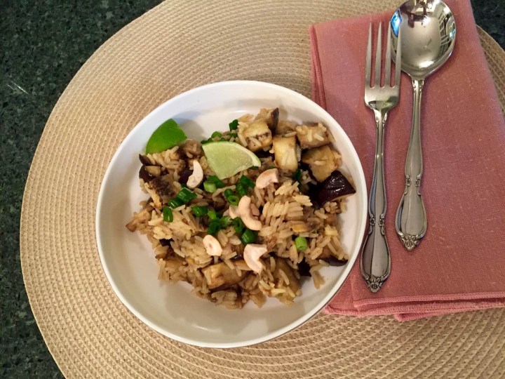 Curried Thai Rice Bowl with Roasted Eggplant, Mushrooms, and Toasted Cashews