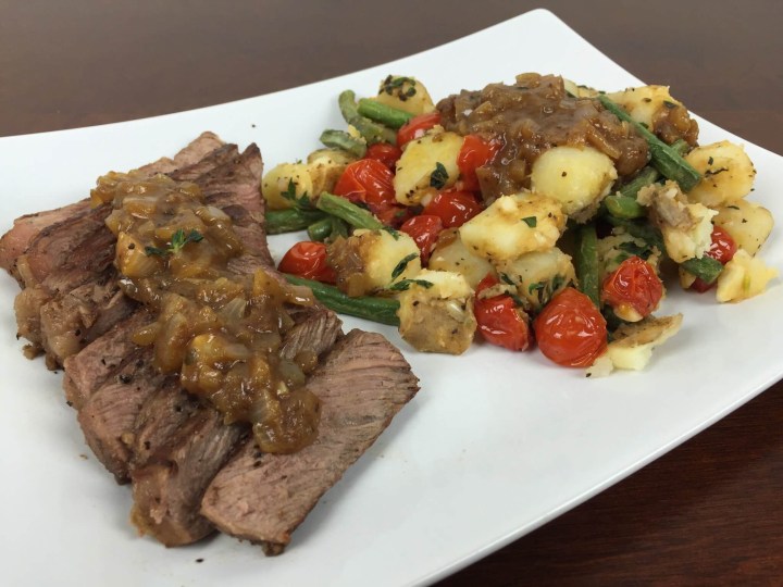 Seared Steak and Crispy Potato Salad with Tomatoes, Green Beans, and Shallot Pan-Sauce.