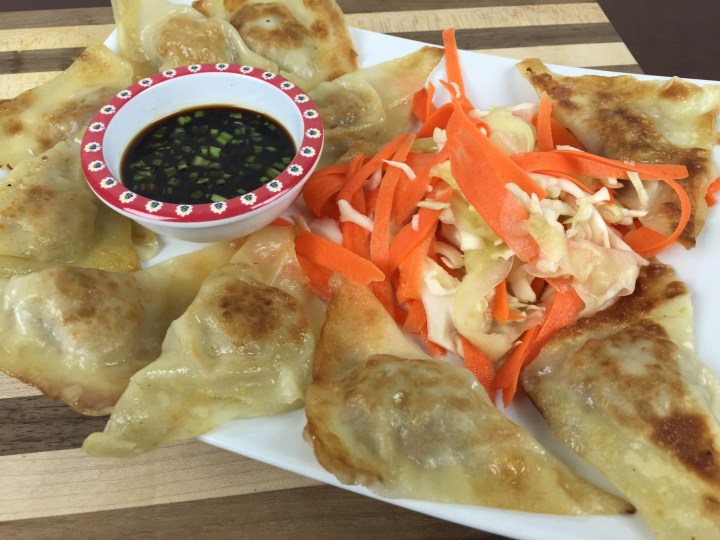Seth’s Asian Pork Dumplings with Quick-Pickled Veggie Salad and Soy Dipping Sauce