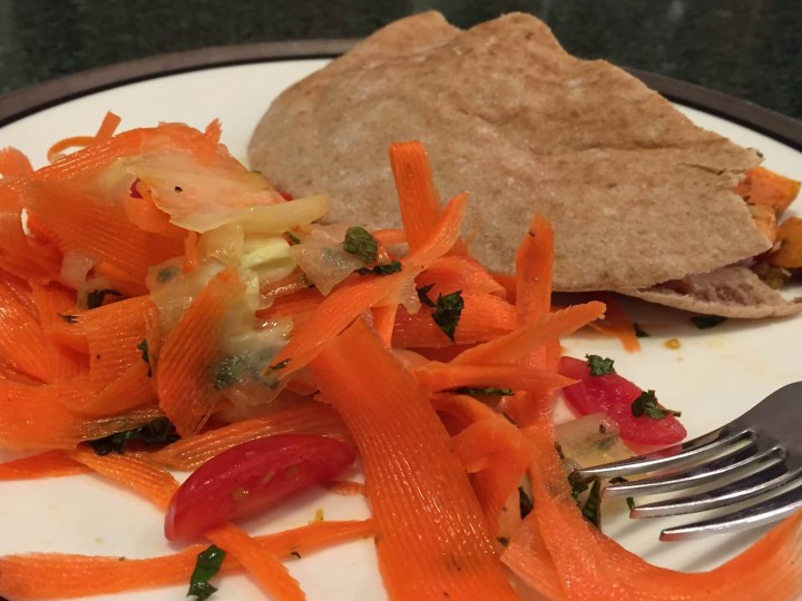 Sweet Potato Pita Wraps with Golden Raisins and Shaved Vegetable Salad - salad