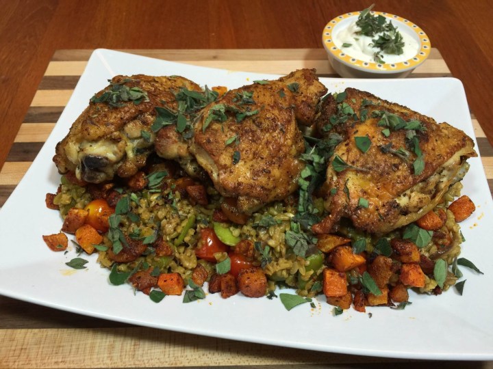 hello fresh review Guest Chef Recipe Ras el Hanout-Spiced Chicken Thighs with Freekeh Salad Butternut and Lemony Yogurt Sauce